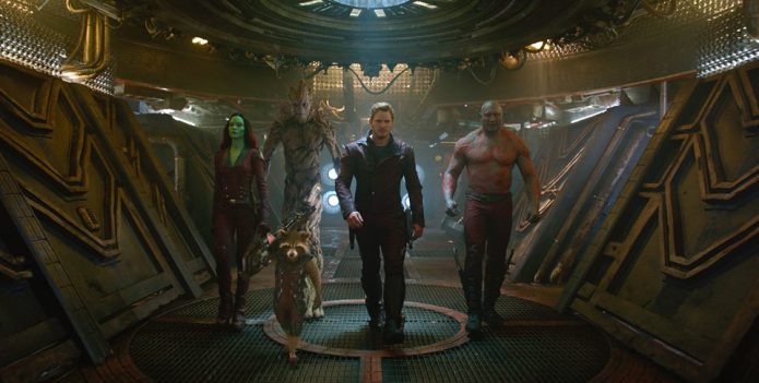 A ragtag bunch. L to R: Gamora (Zoe Saldana), Rocket (Bradley Cooper), Groot (Vin Diesel), Star Lord/Peter Quill (Chris Pratt) and Drax the Destroyer (Dave Bautista).